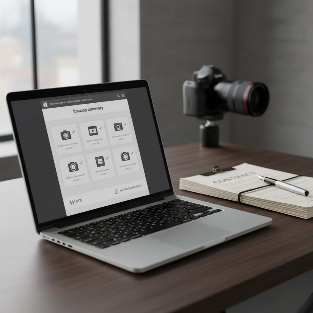 A modern workstation in a photography studio featuring a sleek laptop open to a booking summary page, where a subtle, icon-based interface shows selected photo packages and a clear note indicating a non-refundable policy through a small, symbolic lock icon beside the total. Next to the laptop, a stack of elegant contract-style documents lies neatly aligned, with a closed fountain pen on top and a DSLR camera placed slightly out of focus in the background. Soft, even daylight from a nearby window illuminates the scene, creating crisp reflections on the laptop and gentle shadows on the paper. Captured at a three-quarter angle with photographic realism and a shallow depth of field, the mood is professional, transparent, and trustworthy.