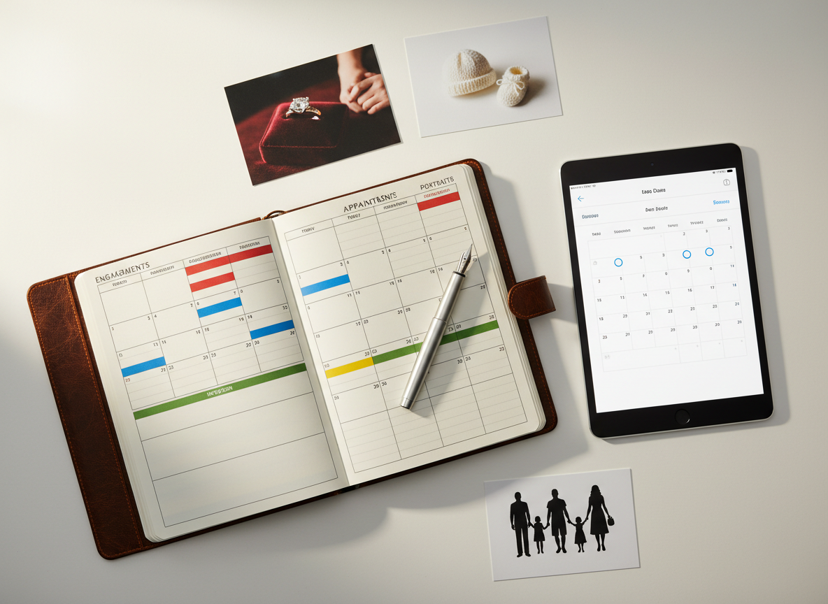 A sophisticated flat-lay of a photography studio’s planning desk, featuring an open leather-bound appointment book with an availability calendar neatly filled with colored blocks, a metal pen resting diagonally across it, and a slim tablet nearby showing a clean date-selection interface. Around them, printed photo cards depict symbolic scenes of engagement rings, intertwined hands, a tiny baby hat, and a group of silhouettes suggesting family and solo portraits. Natural afternoon light from the side casts soft, directional shadows, highlighting the textures of paper and leather. The composition is carefully balanced, shot from a bird’s eye view with photographic realism, evoking organization, reliability, and the ease of booking professional photography sessions online.