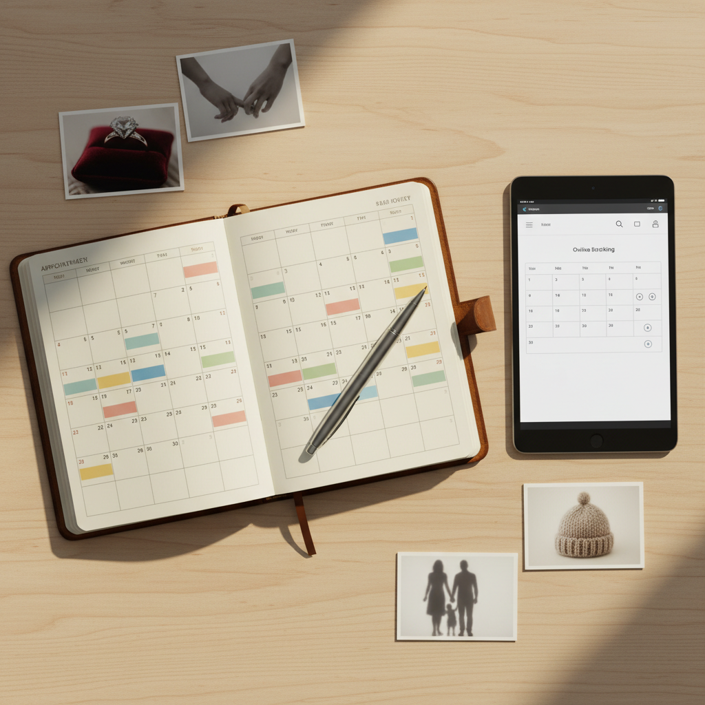 A sophisticated flat-lay of a photography studio’s planning desk, featuring an open leather-bound appointment book with an availability calendar neatly filled with colored blocks, a metal pen resting diagonally across it, and a slim tablet nearby showing a clean date-selection interface. Around them, printed photo cards depict symbolic scenes of engagement rings, intertwined hands, a tiny baby hat, and a group of silhouettes suggesting family and solo portraits. Natural afternoon light from the side casts soft, directional shadows, highlighting the textures of paper and leather. The composition is carefully balanced, shot from a bird’s eye view with photographic realism, evoking organization, reliability, and the ease of booking professional photography sessions online.