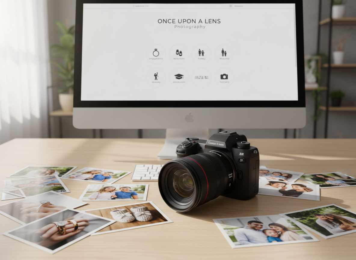 A sleek, mirrorless professional camera with a high-end zoom lens rests on a smooth, light wood desk, surrounded by neatly arranged printed photo proofs showing engagement rings, tiny baby booties, and cozy family moments. Behind the camera, a large computer monitor displays a clean photography website homepage for “Once Upon A Lens Photography,” with a grid of six elegant photo service icons subtly represented as abstract silhouettes. Soft studio-style daylight flows in from an unseen window, creating crisp, natural highlights and gentle shadows. Photographic realism, eye-level composition, and a shallow depth of field keep the camera and screen in sharp focus while the background fades into a soft bokeh, conveying a polished, professional, and inviting atmosphere.