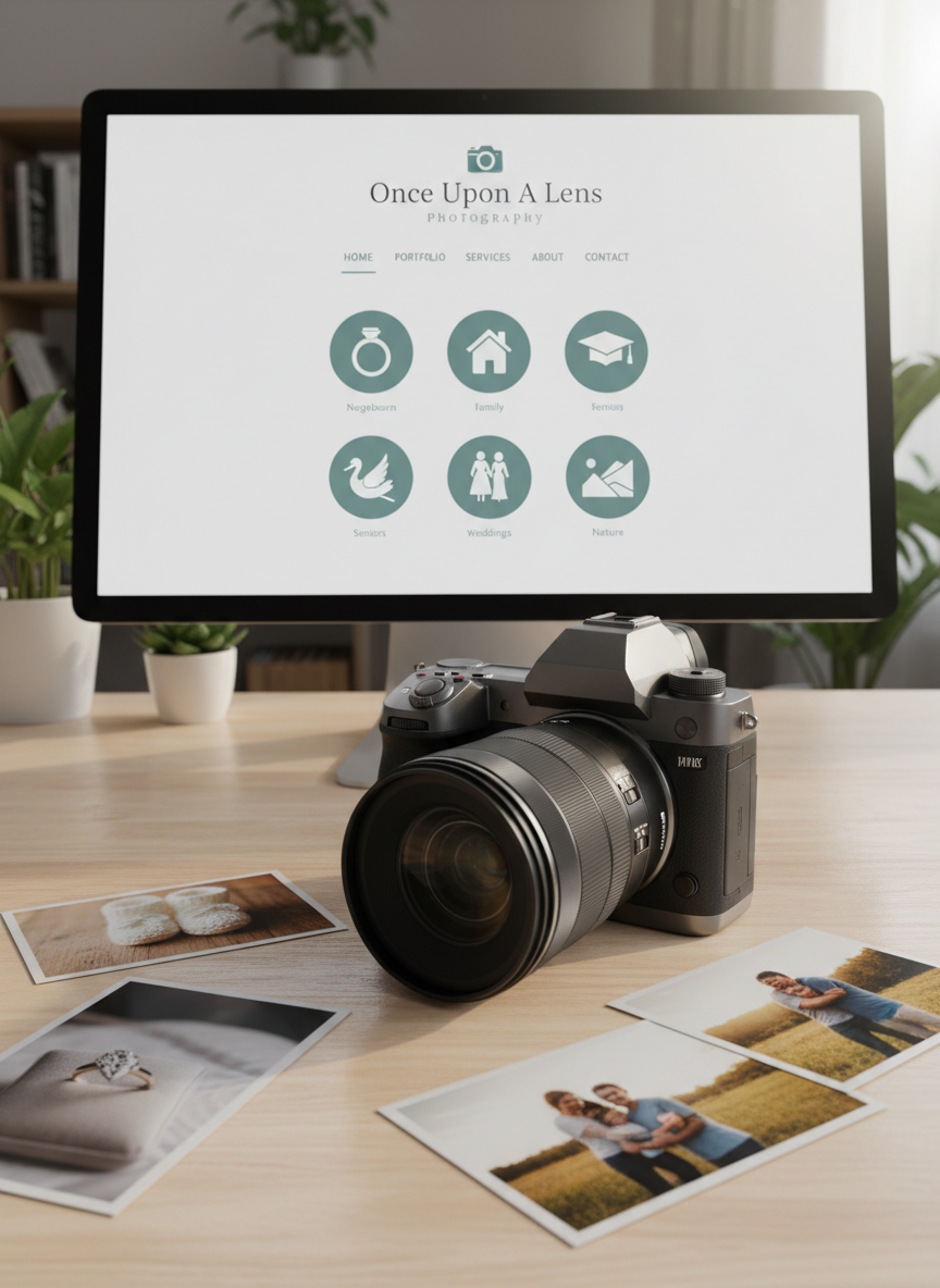 A sleek, mirrorless professional camera with a high-end zoom lens rests on a smooth, light wood desk, surrounded by neatly arranged printed photo proofs showing engagement rings, tiny baby booties, and cozy family moments. Behind the camera, a large computer monitor displays a clean photography website homepage for “Once Upon A Lens Photography,” with a grid of six elegant photo service icons subtly represented as abstract silhouettes. Soft studio-style daylight flows in from an unseen window, creating crisp, natural highlights and gentle shadows. Photographic realism, eye-level composition, and a shallow depth of field keep the camera and screen in sharp focus while the background fades into a soft bokeh, conveying a polished, professional, and inviting atmosphere.